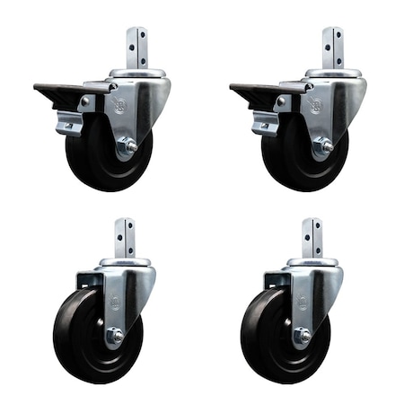 Service Caster 4'' Hard Rubber Wheel Swivel 7/8'' Square Stem Caster Set 2 Brakes, 4PK SCC-SQ20S414-HRS-PLB-78-2-S-2
